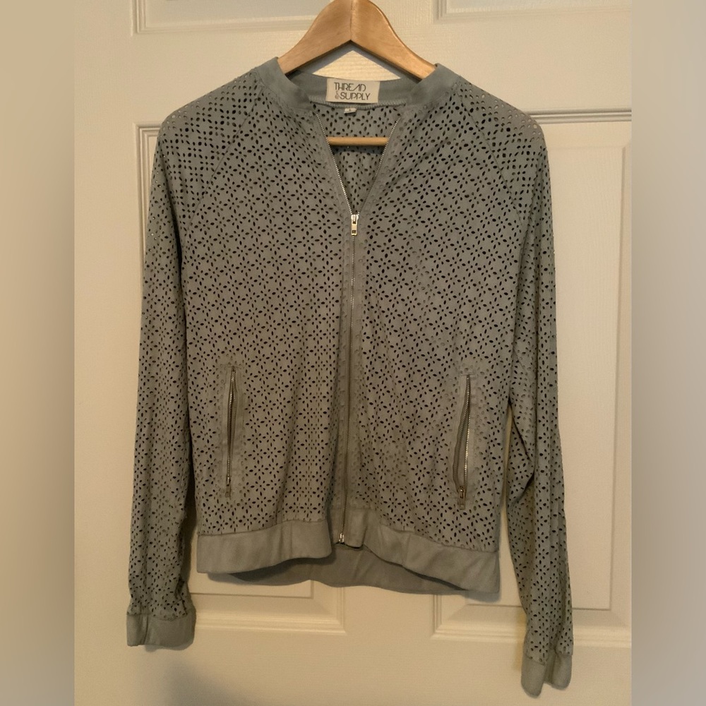 Thread & Supply Gray Geometric Hole Cutout Faux Suede Zipper Bomber Jacket S